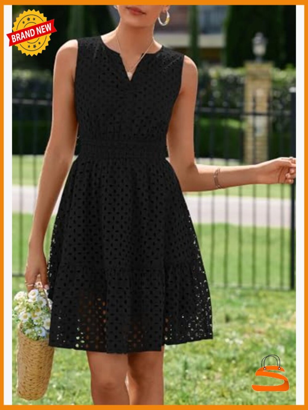 Sleeveless V Neck Eyelet Hollow Out A Line Swing Beach Sun Dress - Picture 4 of 7